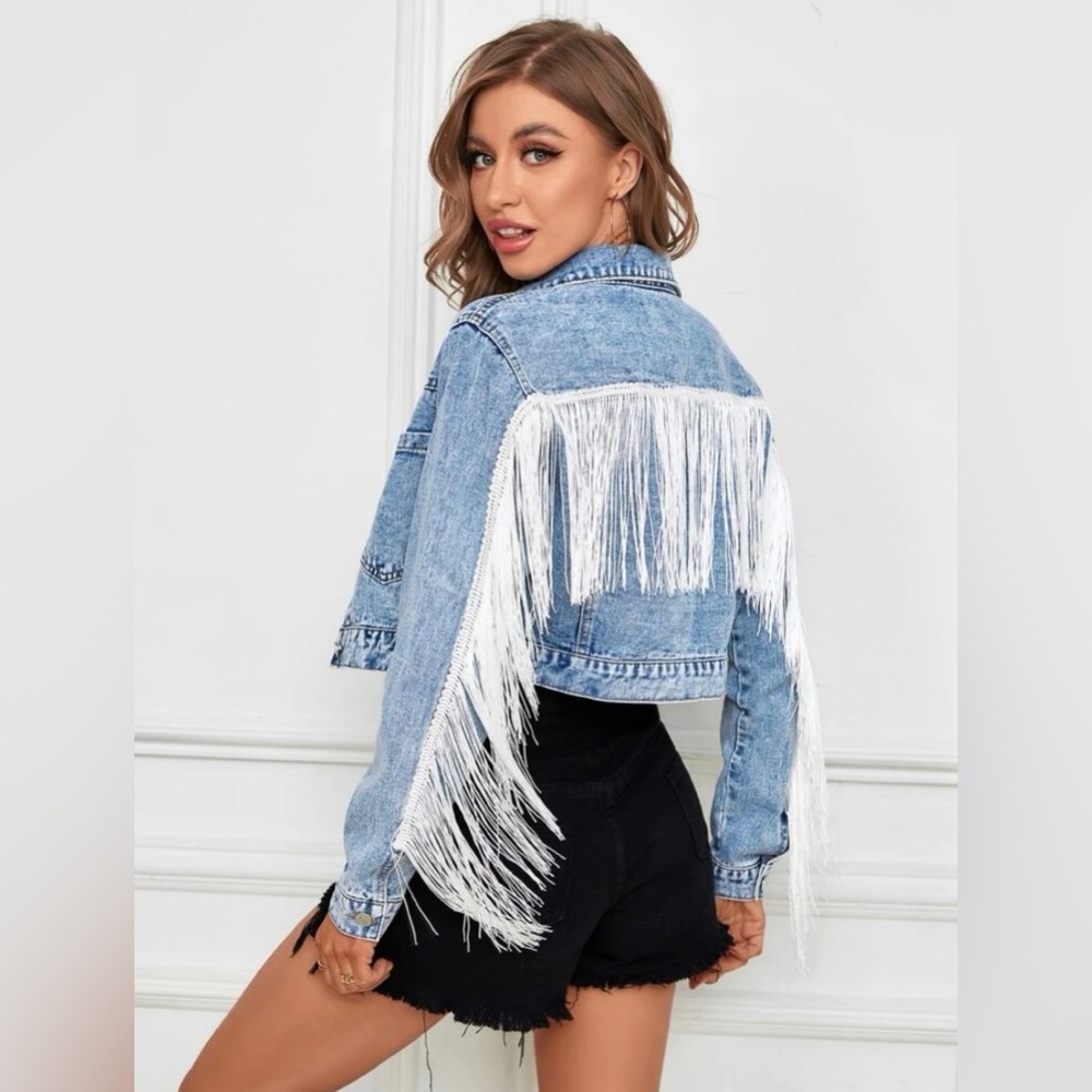 Fringe Trim Crop Denim Jacket